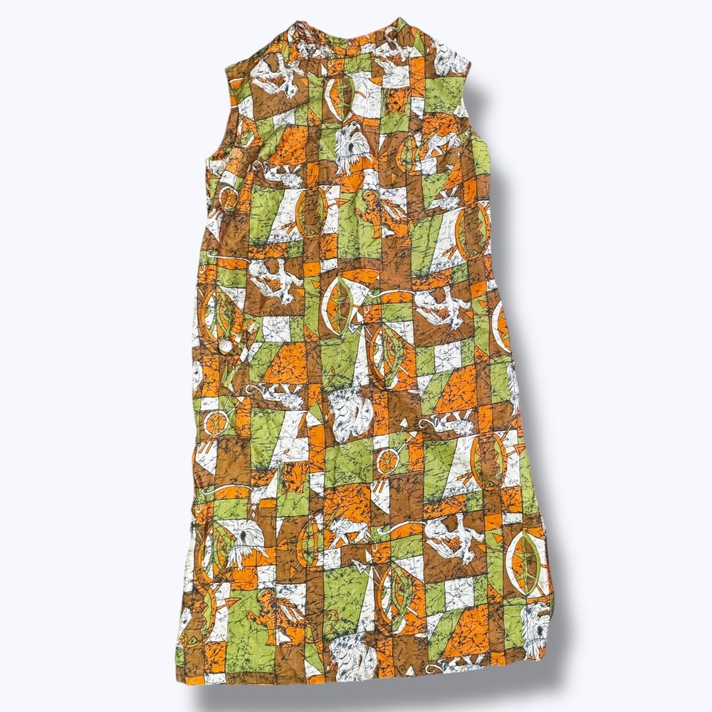 Vintage 60s 70s MCM Mod Patchwork Geometric Sleeveless Dress Union Made Size 16 - Picture 12 of 13